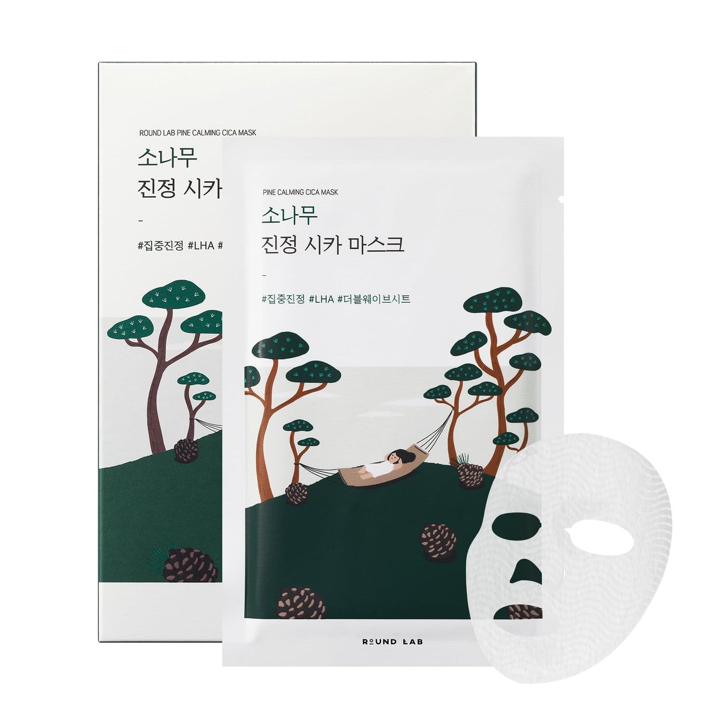 ROUND LAB, Pine Calming Cica Mask (Yatıştırıcı & Nemlendirici Kağıt Maske 27mL) 10'lu Paket